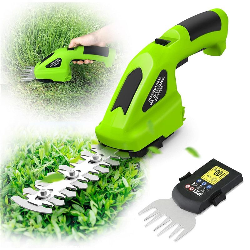 Green cordless grass trimmer with attachments on a white background