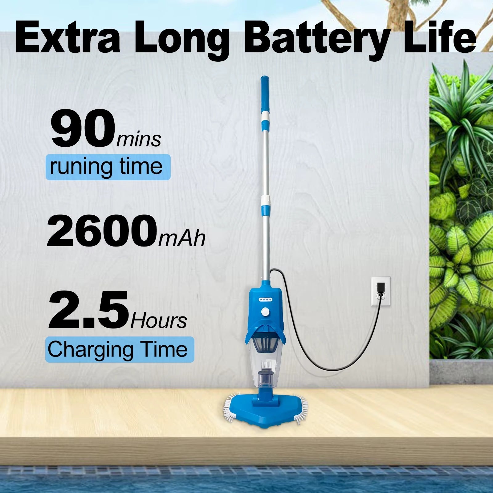 Blue pool cleaning device with battery life specifications on a poolside background