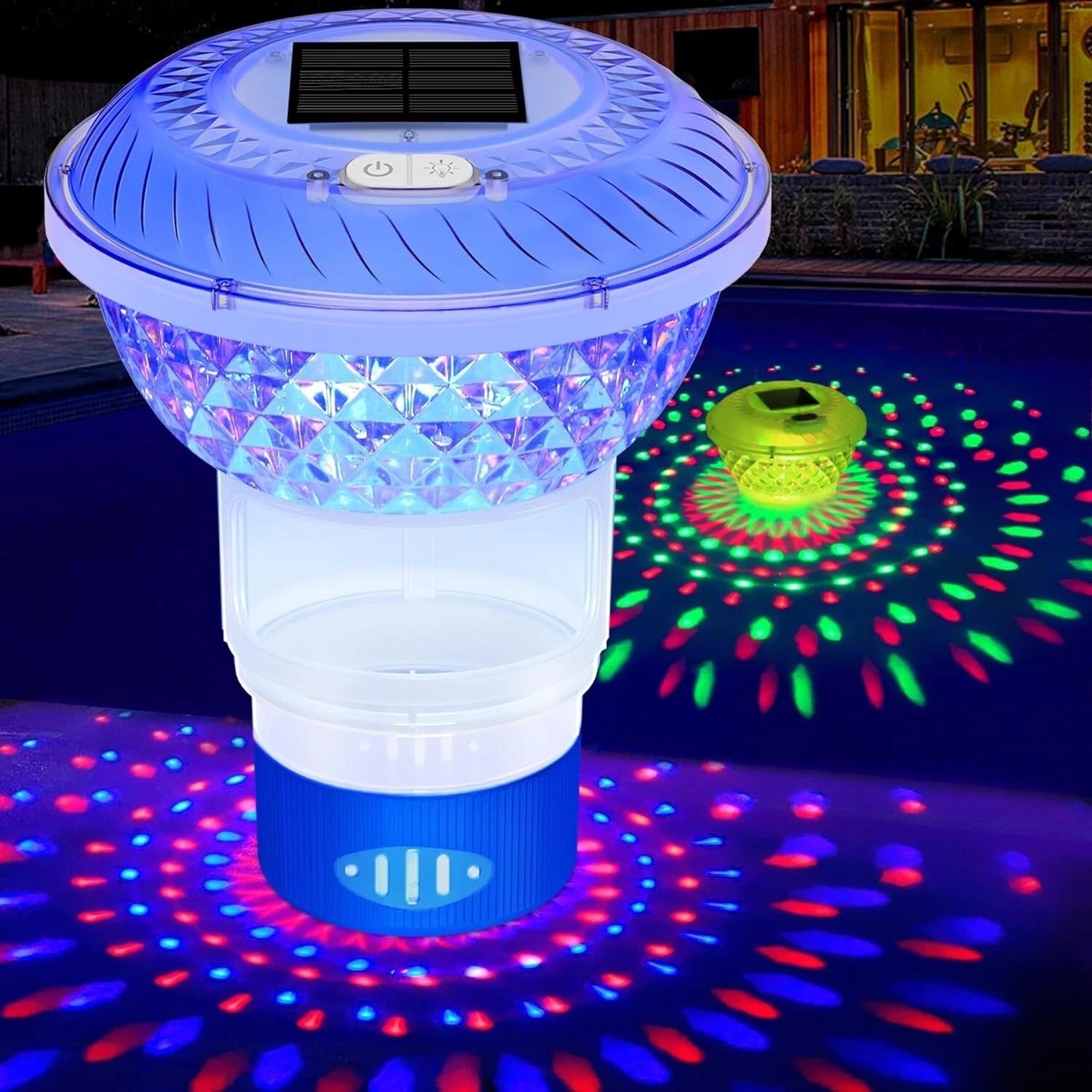 Colorful LED pool light with solar panel on top, casting vibrant lights underwater.