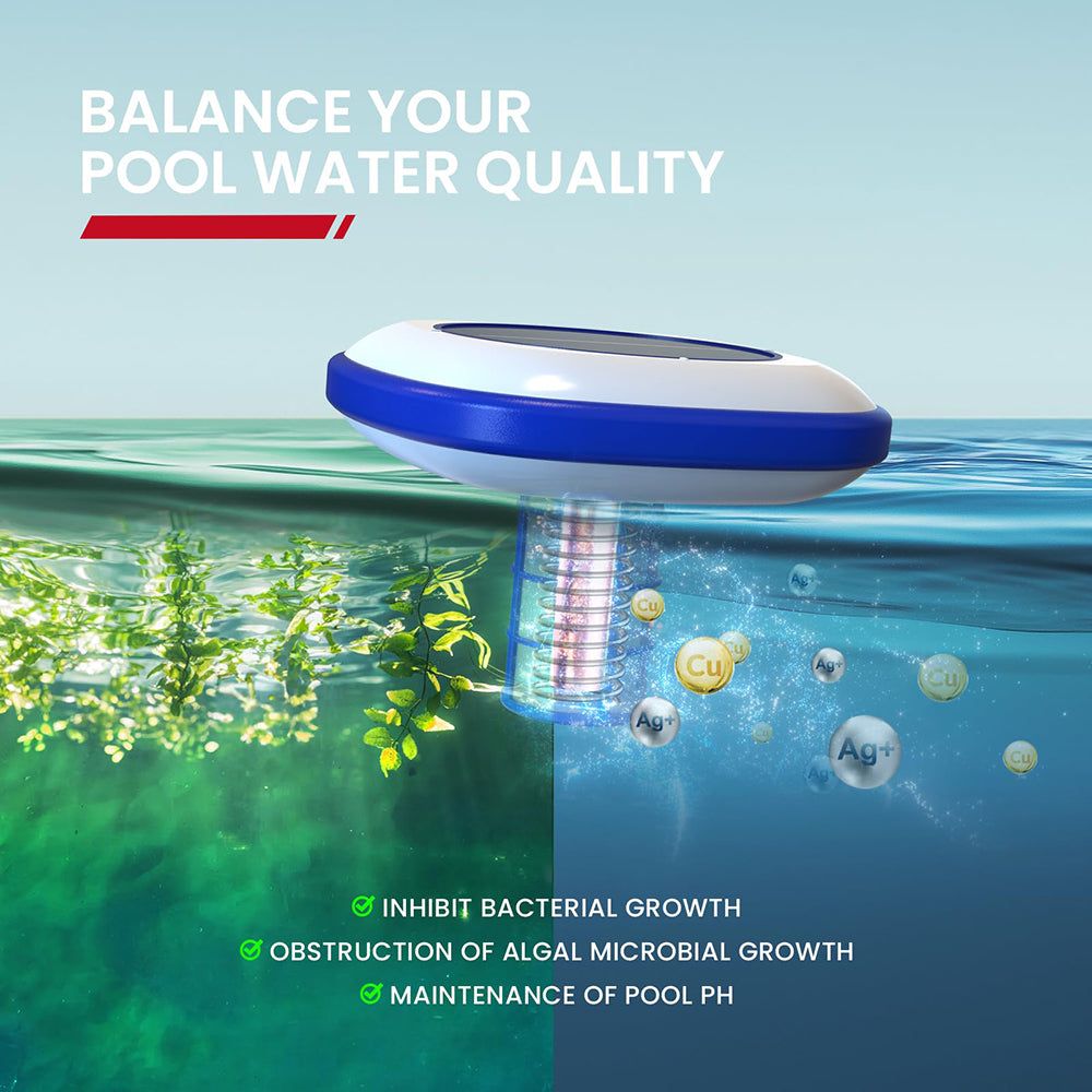 Pool water quality balance device with text on a split-screen background