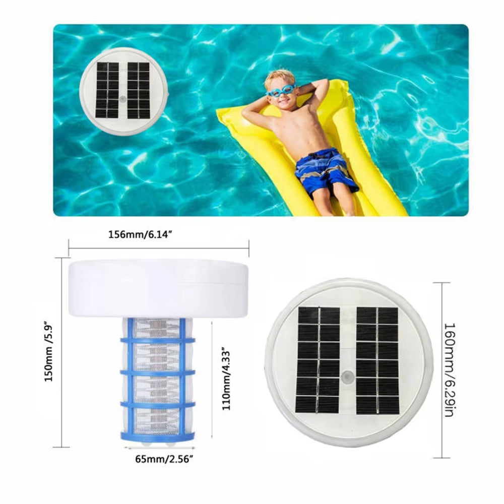 Solar pool cleaner with dimensions and a child on an inflatable raft in the background