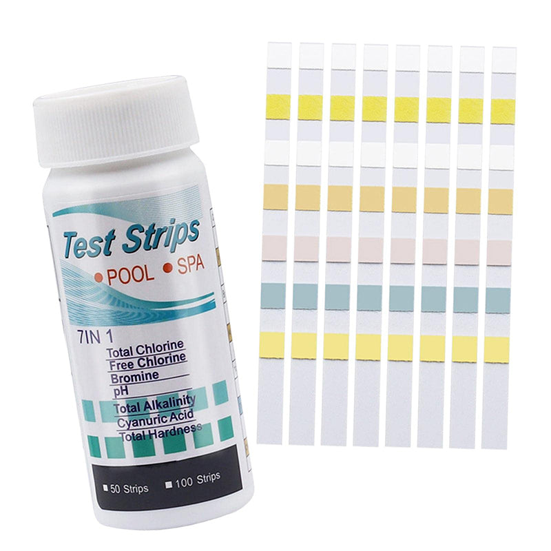 Test strips for pool and spa maintenance with a bottle labeled 'Test Strips Pool Spa'.