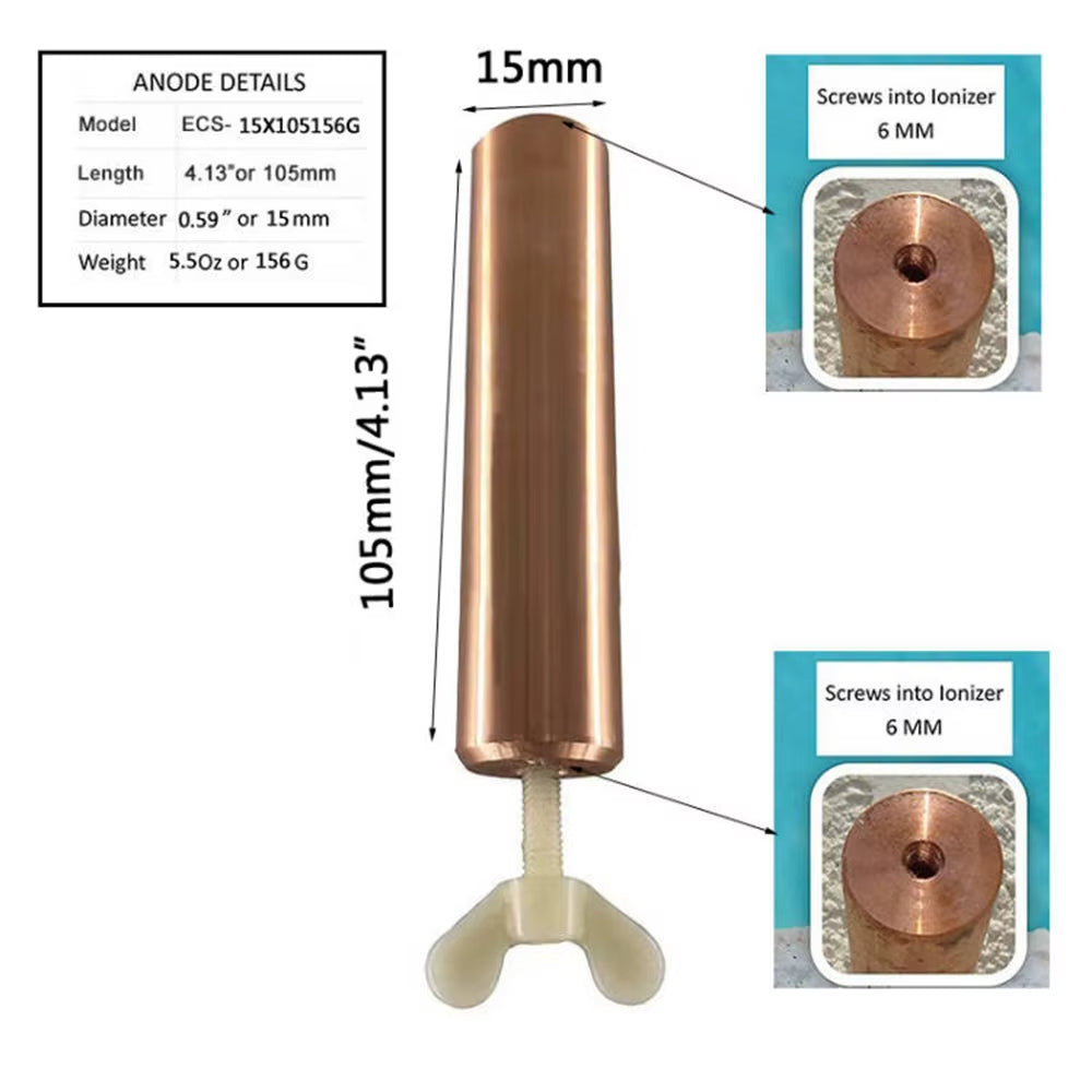Copper anode with measurements and details on a white background