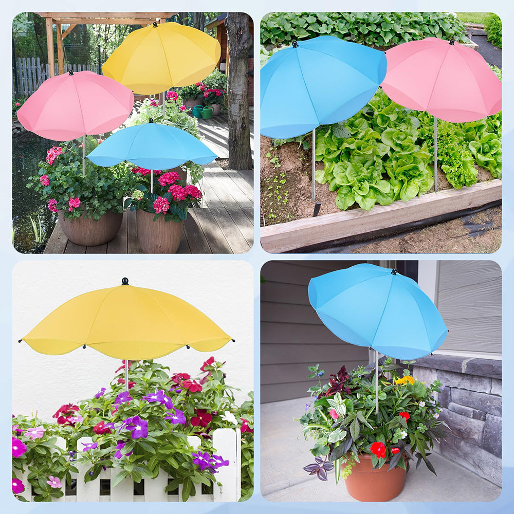Collage of colorful patio umbrellas with plants underneath in various outdoor settings.