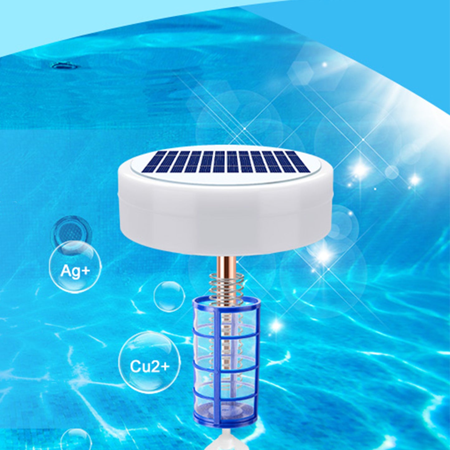 Solar pool cleaner with blue water background
