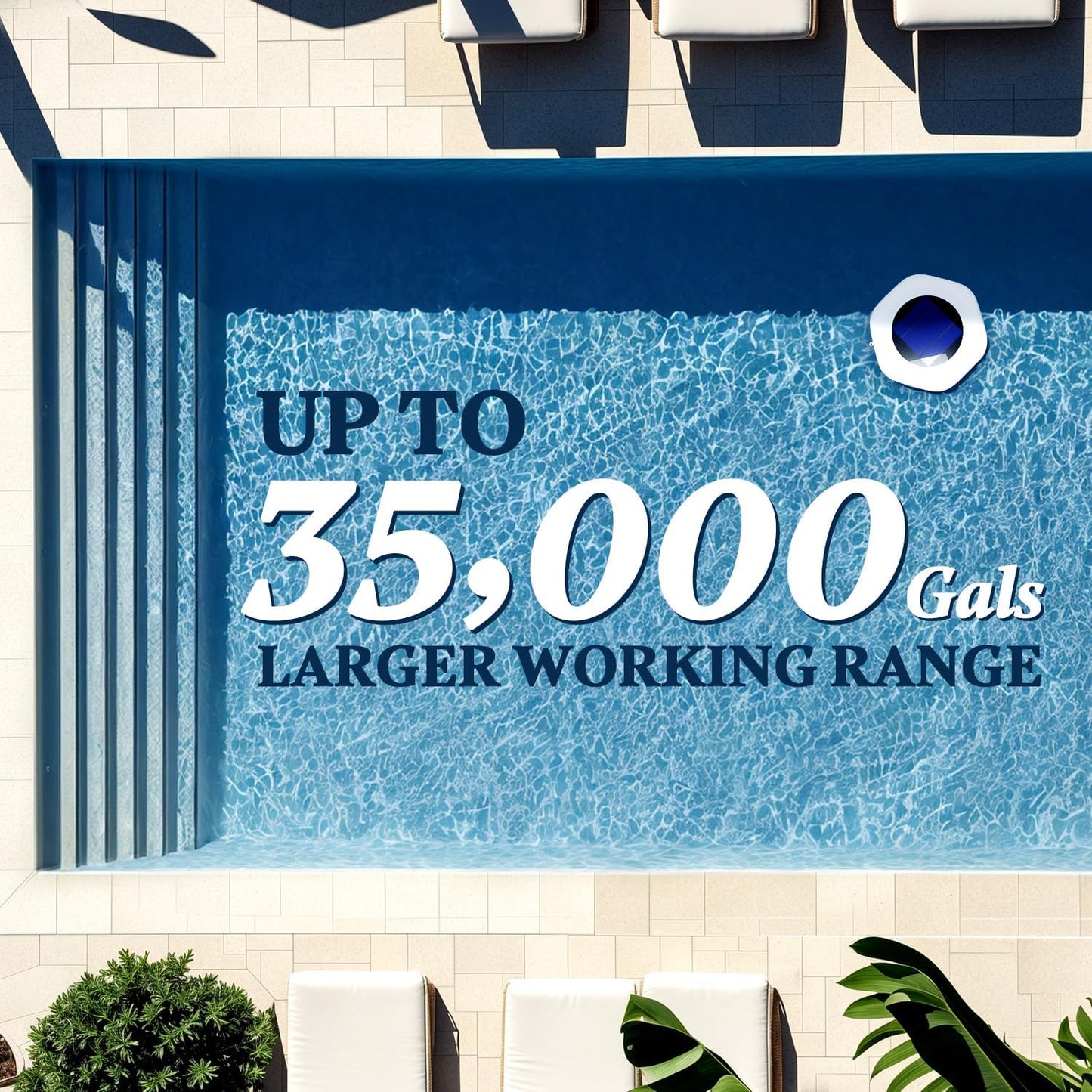 Top-down view of a pool with text indicating a larger working range capacity.