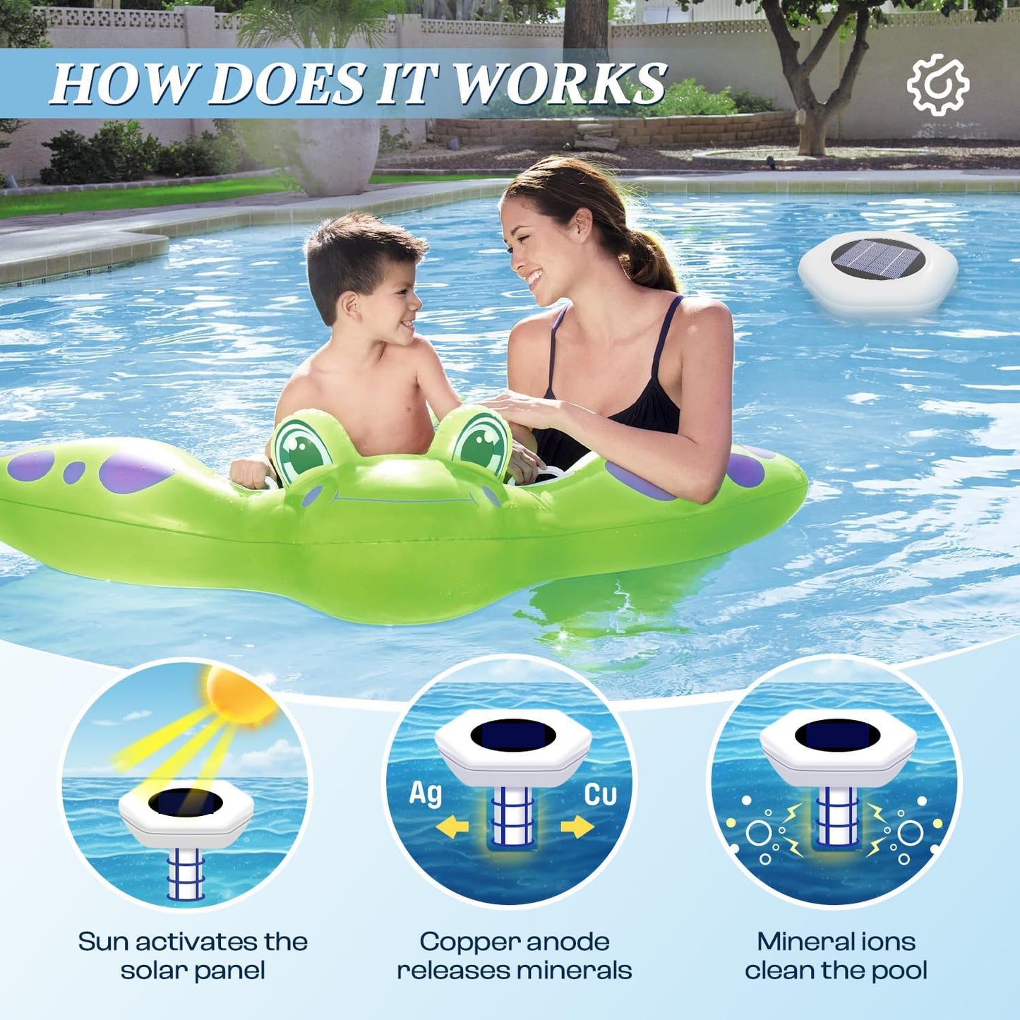Woman and child on a green pool float with solar panel and chemical release system, set against a pool background.