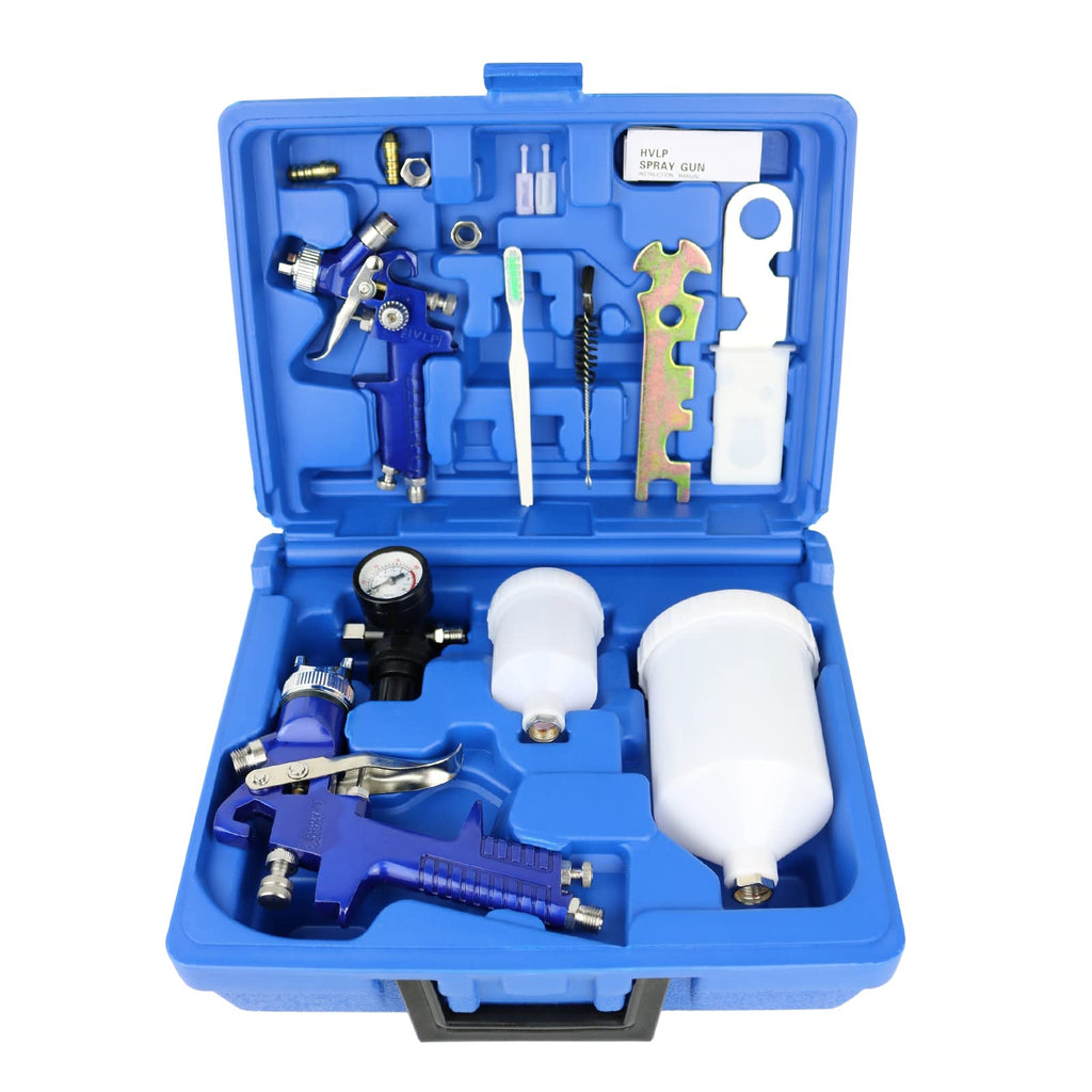 A set of professional automotive topcoat spray guns displayed in an open blue case, including various accessories such as nozzles, hoses, and paint containers.