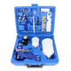 A set of professional automotive topcoat spray guns displayed in an open blue case, including various accessories such as nozzles, hoses, and paint containers.