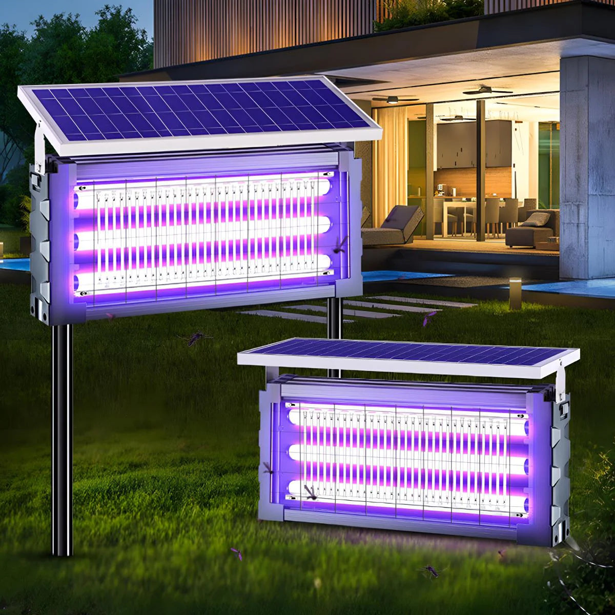 Solar-powered bug zappers on grass with a house in the background