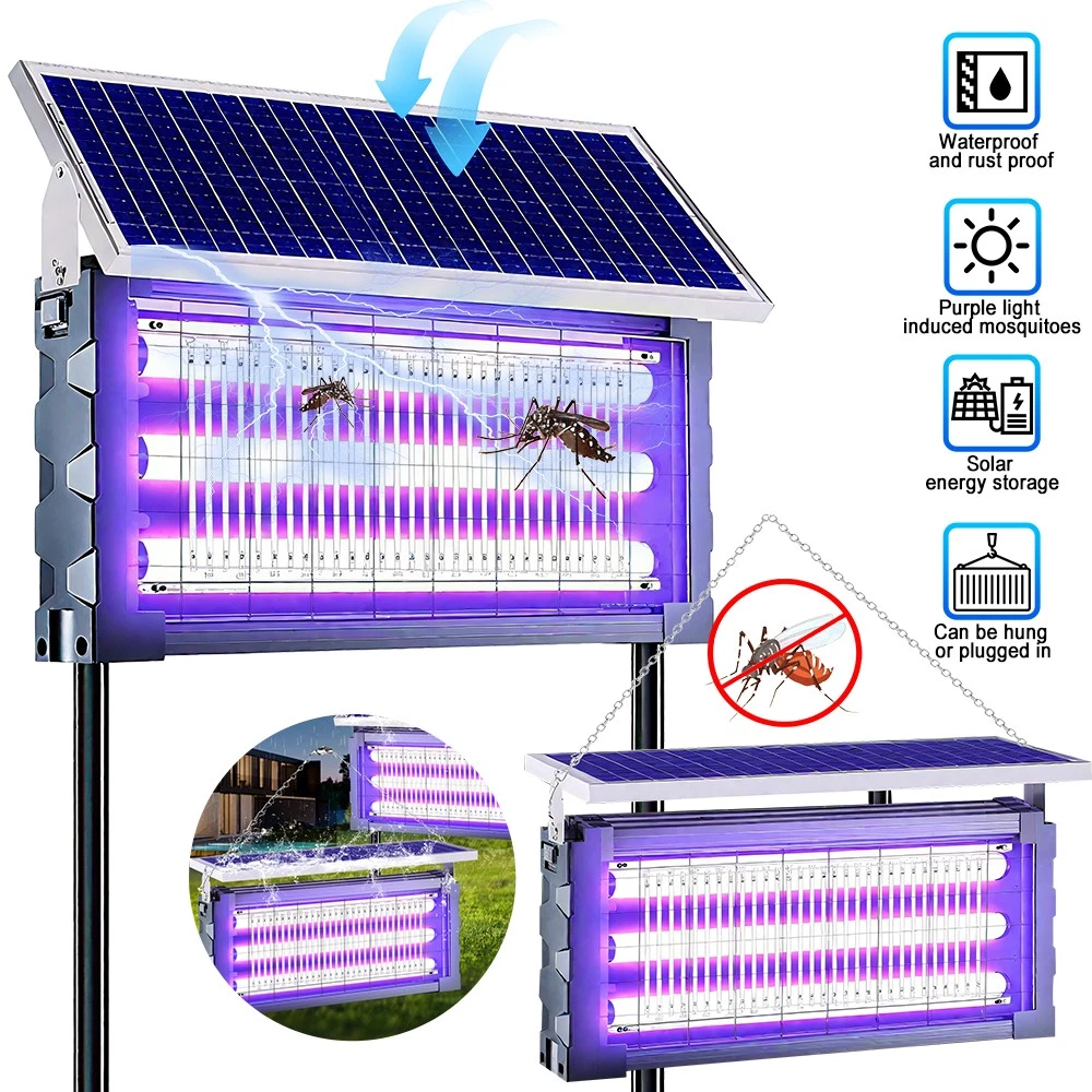 Solar-powered mosquito zapper with purple light and water-resistant design