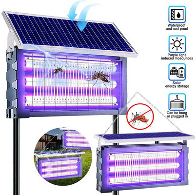 Solar-powered mosquito zapper with purple light and water-resistant design