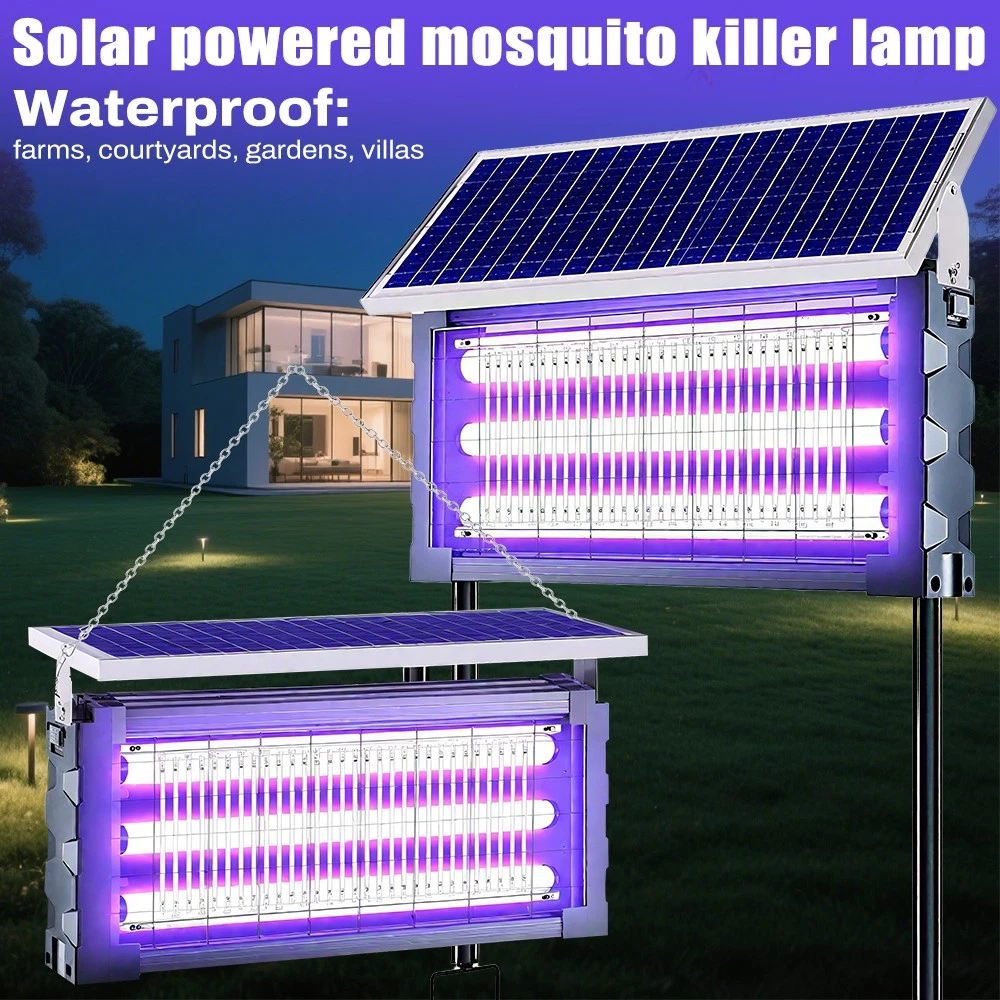 Solar-powered mosquito killer lamp with purple light output in a garden setting.
