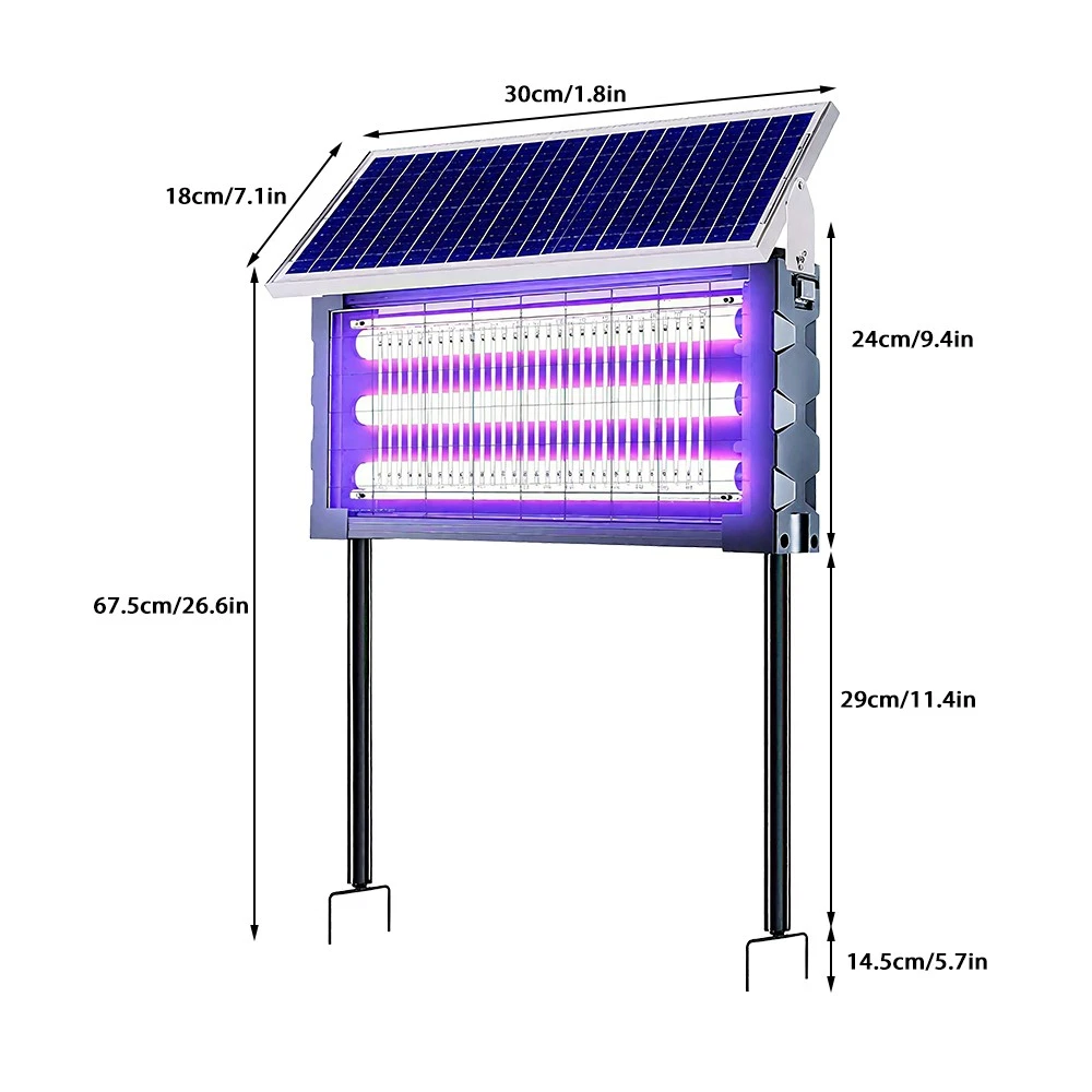 Solar-powered insect killer with dimensions labeled on a white background