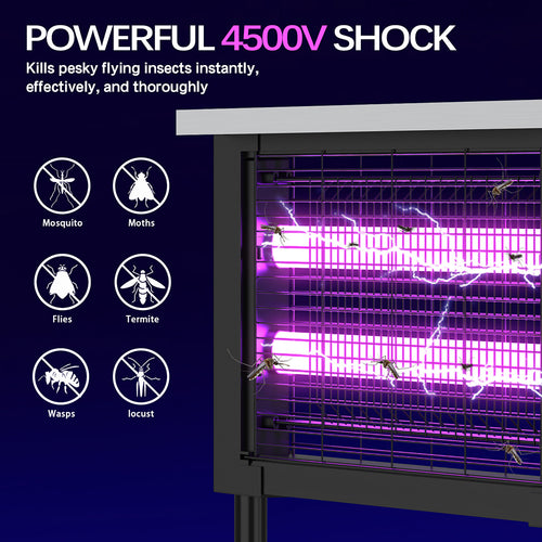 Insect zapper with purple light on a dark blue background, showing effectiveness against various insects.
