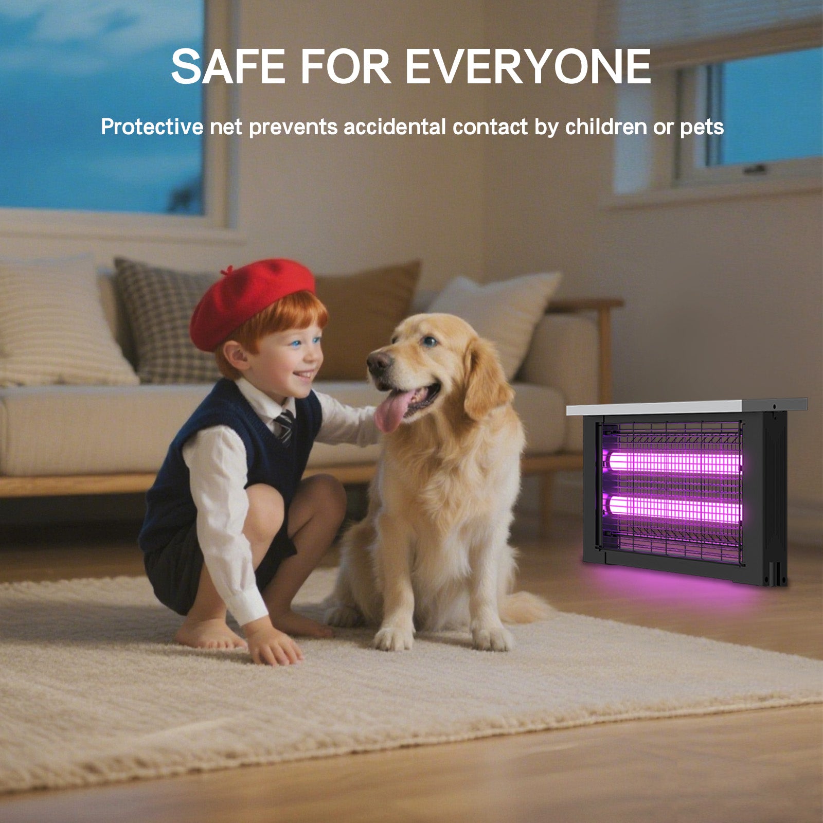 Child in formal attire with a dog next to a protective net device in a living room.