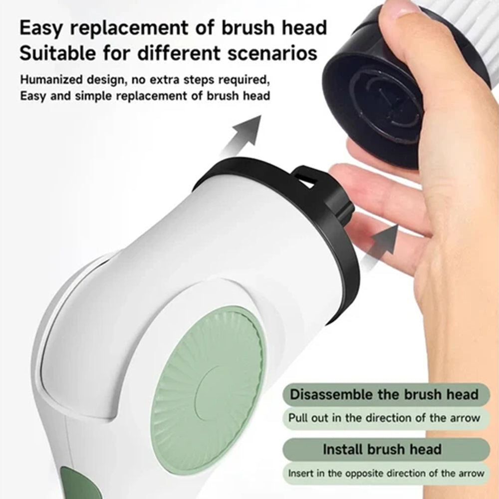 Hand holding a device with a brush head being replaced, text indicating easy replacement and humanized design.