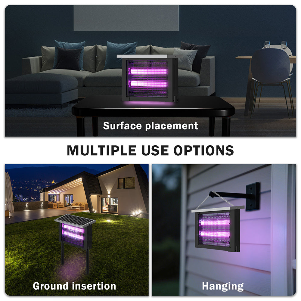 LED light fixture shown in various placements including surface, ground insertion, and hanging on a house exterior.