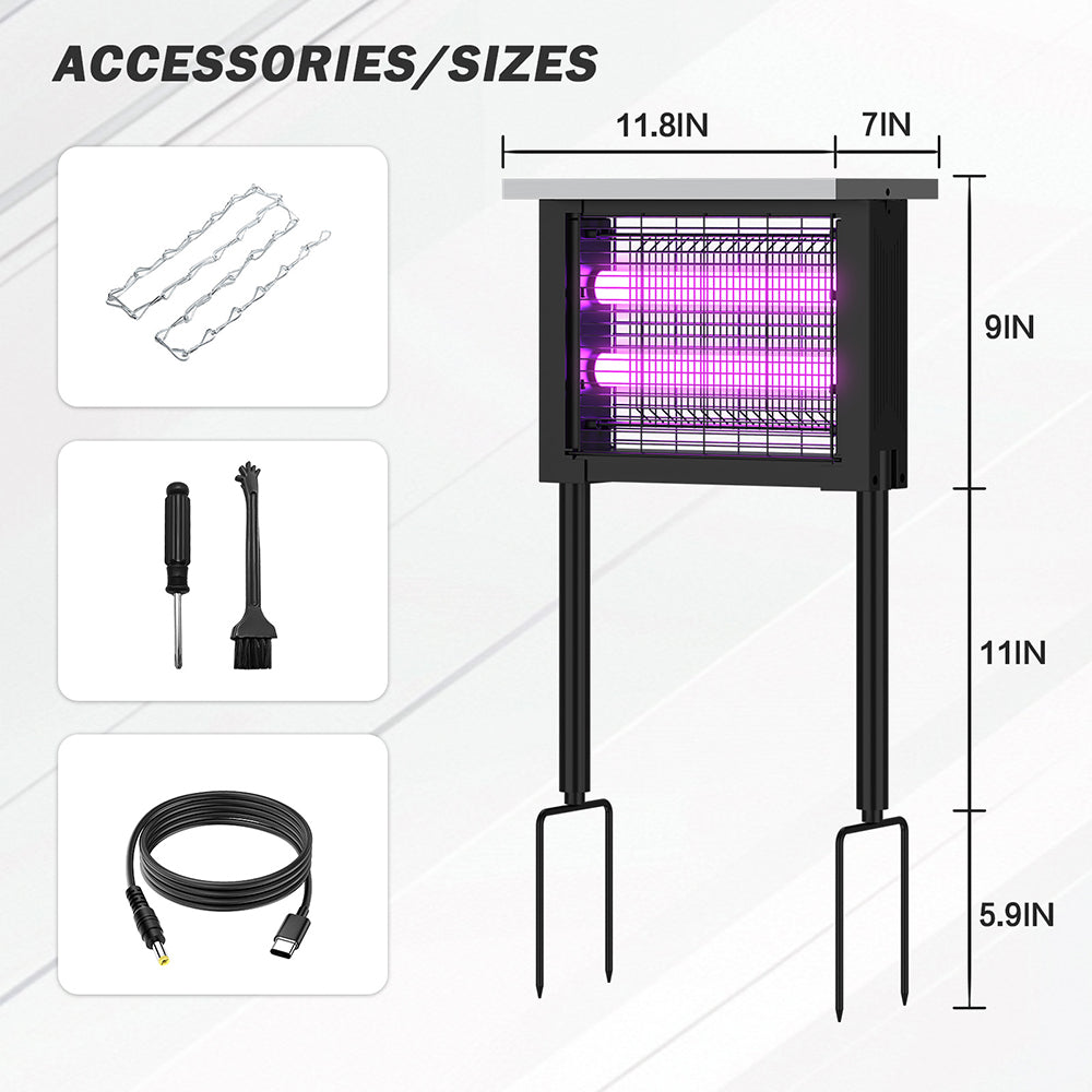 Insect zapper with accessories and dimensions on a white background