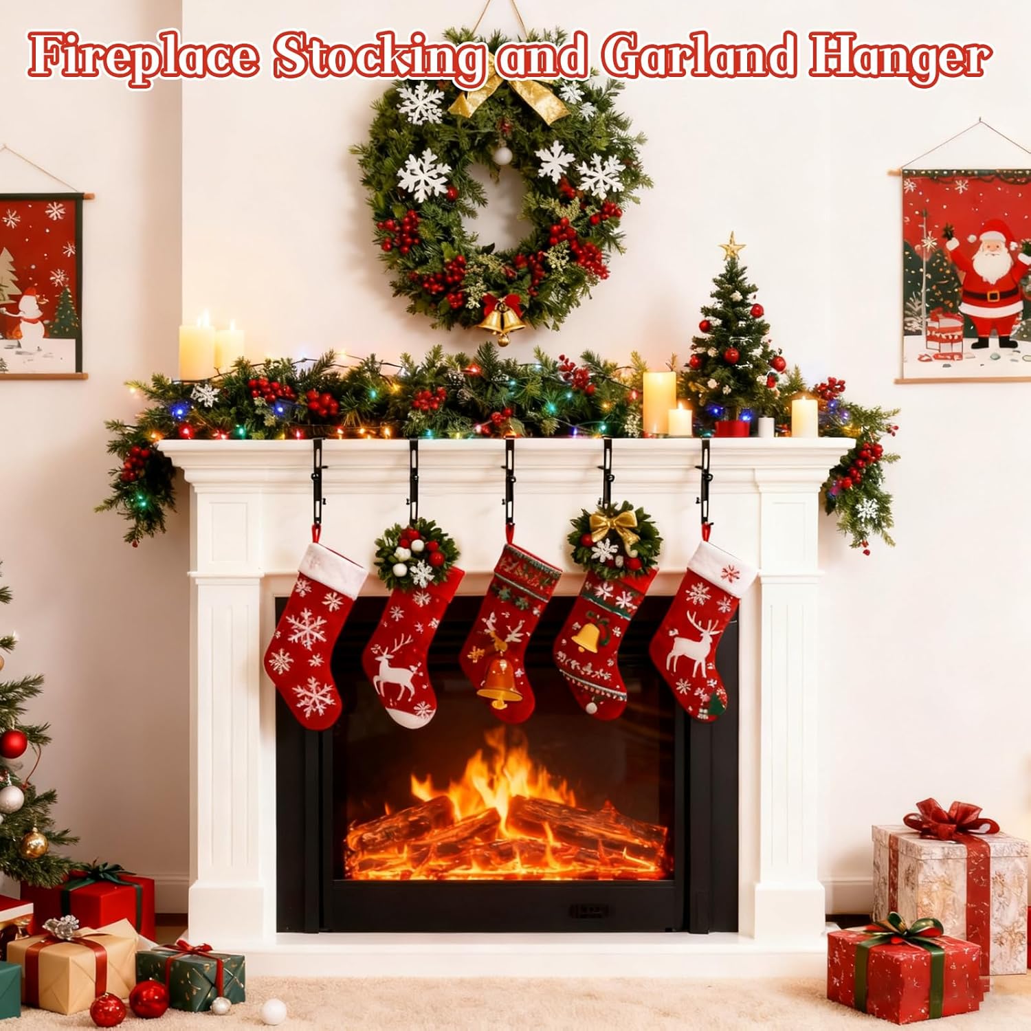 4/8 Pack Christmas Fireplace Stocking and Garland Hanger
