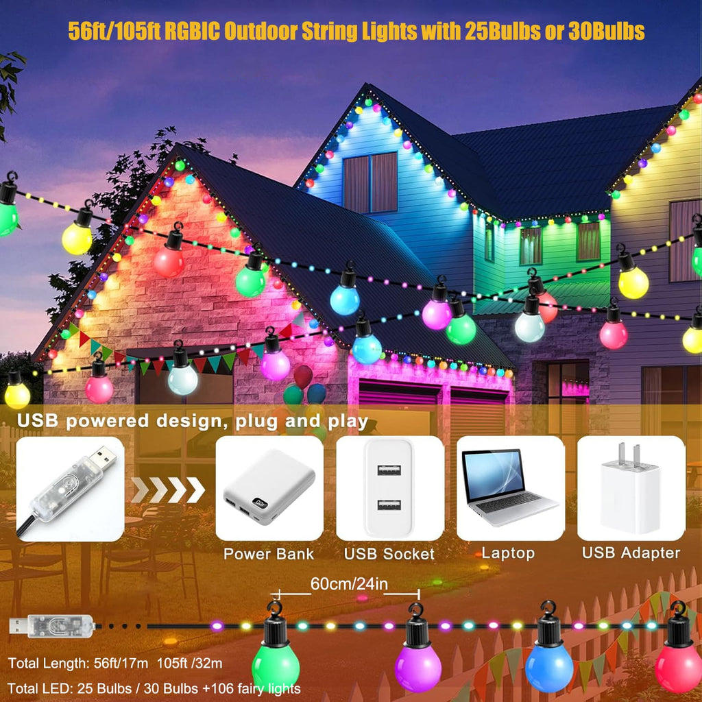 Smart Outdoor RGBIC Bulb String Lights