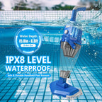 Handheld pool vacuum cleaning a pool with water depth information displayed.