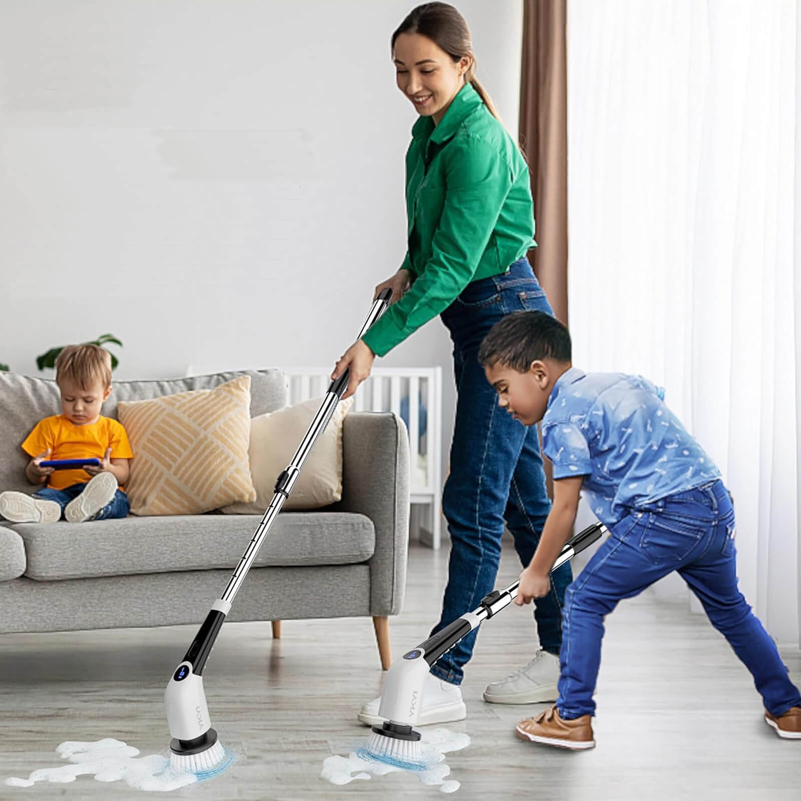 Woman and children using a floor cleaning device in a living room.