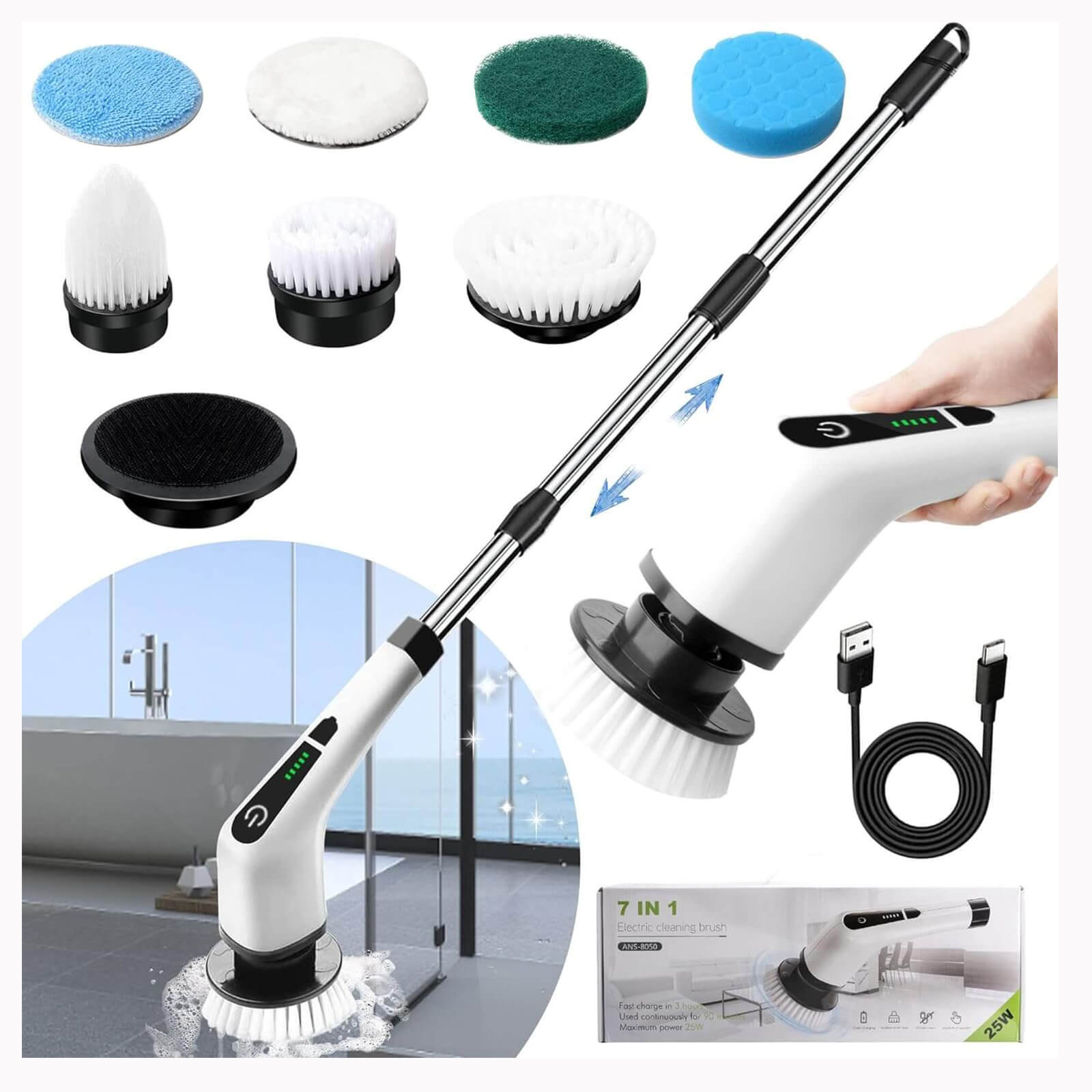 Multifunctional cleaning tool with various attachments and charging cable on a white background