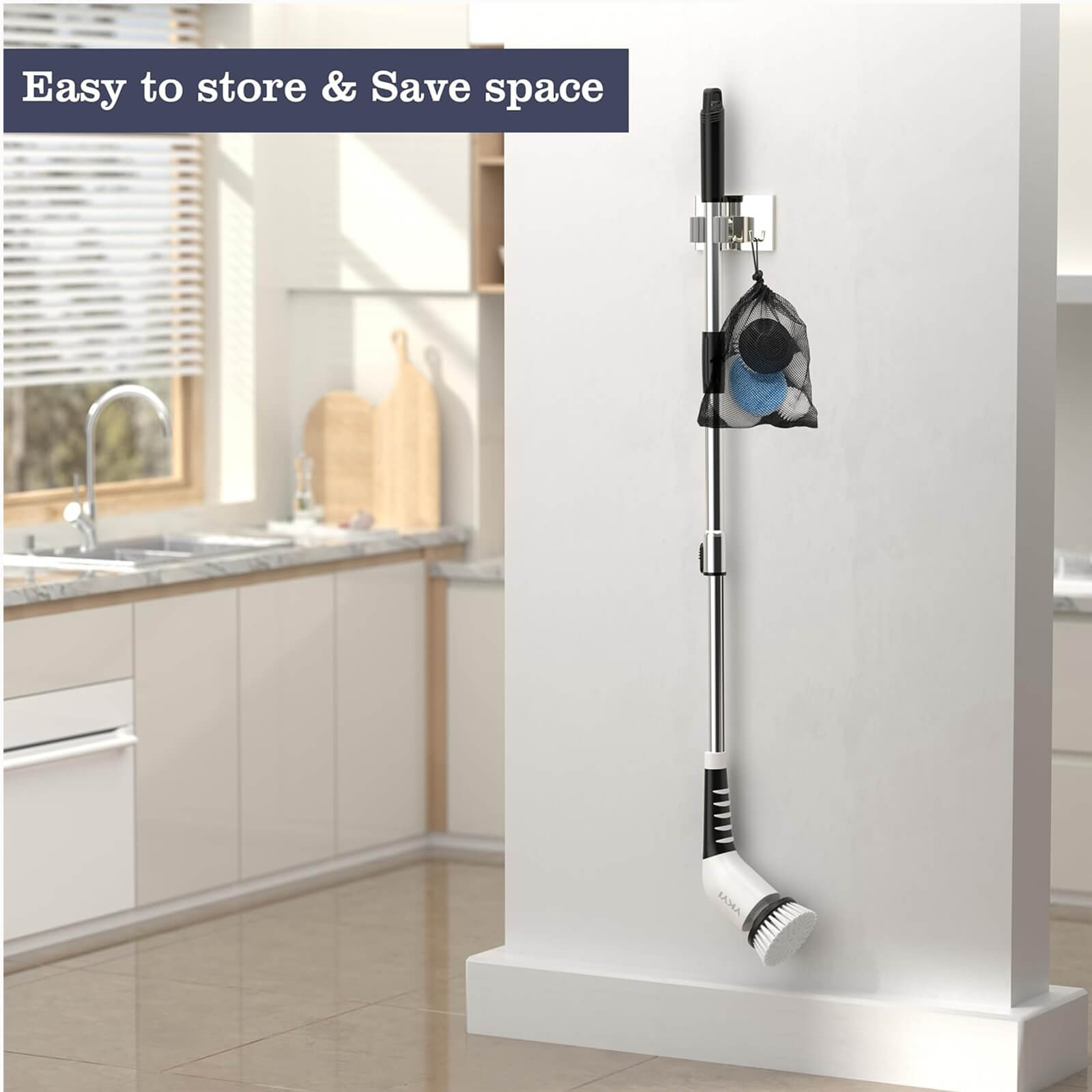 Cleaning tool with attachments on a kitchen counter, text 'Easy to store & Save space' above.