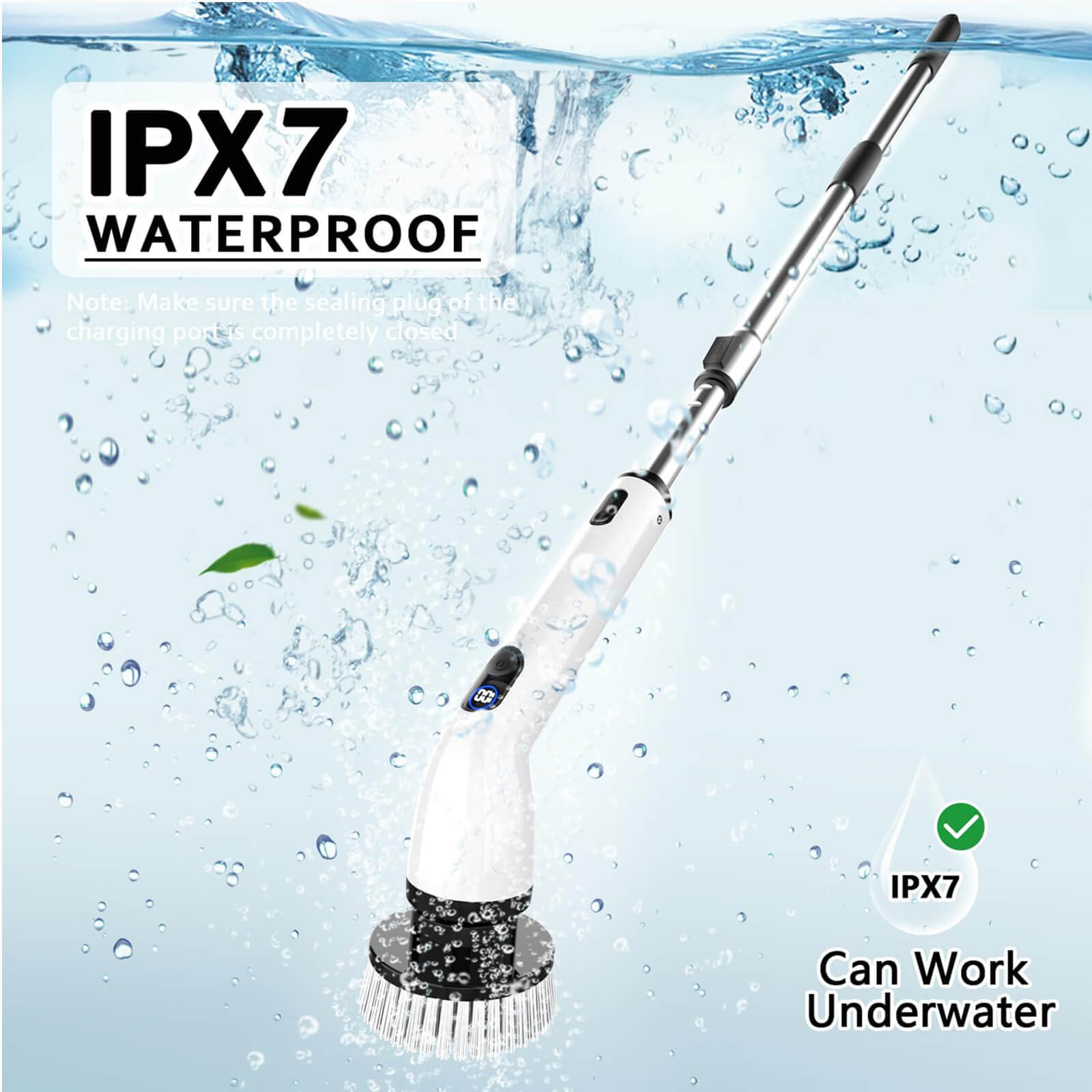 Waterproof cleaning brush with IPX7 label on a water droplet background