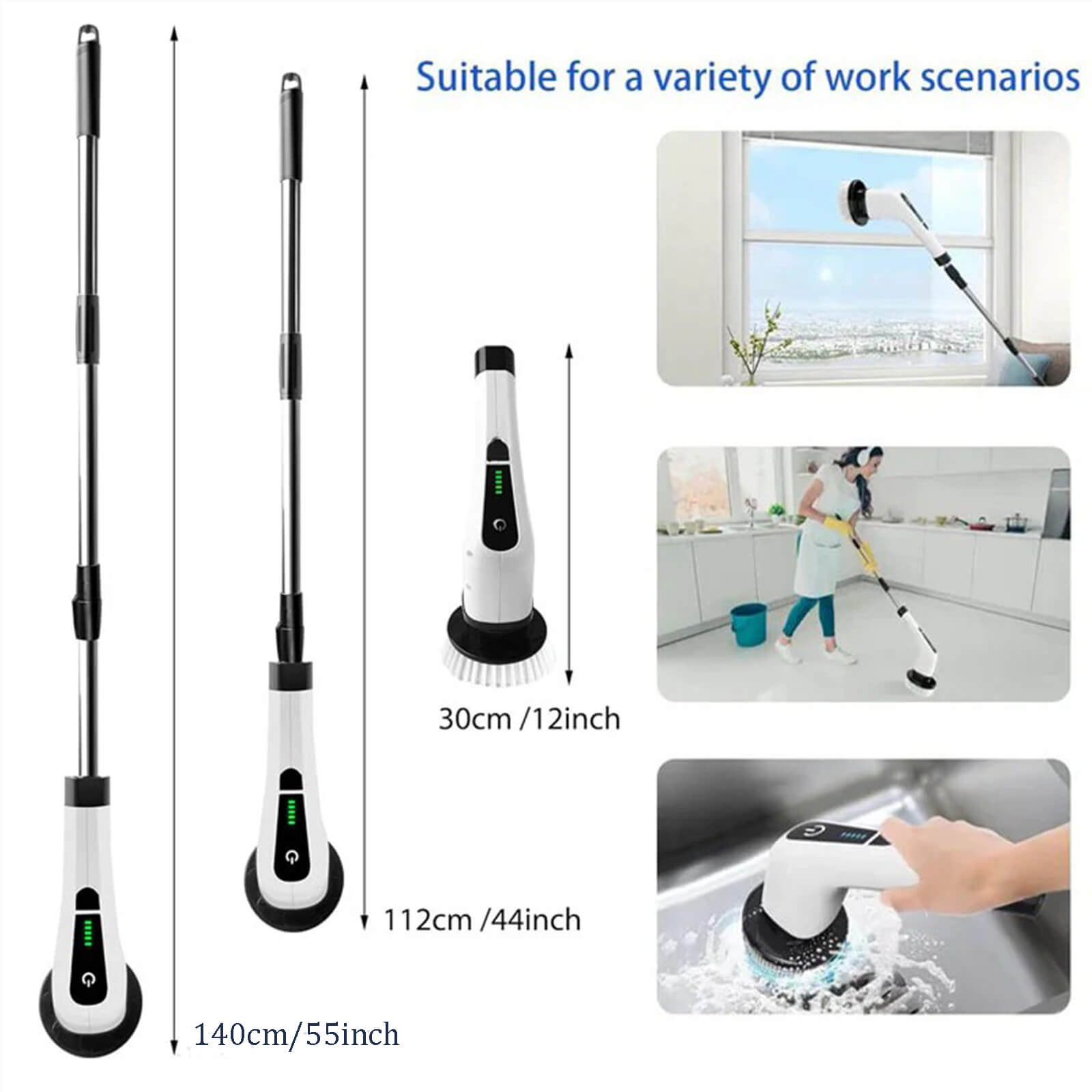 Multifunctional cleaning tool with adjustable height and attachments, shown in various use scenarios.