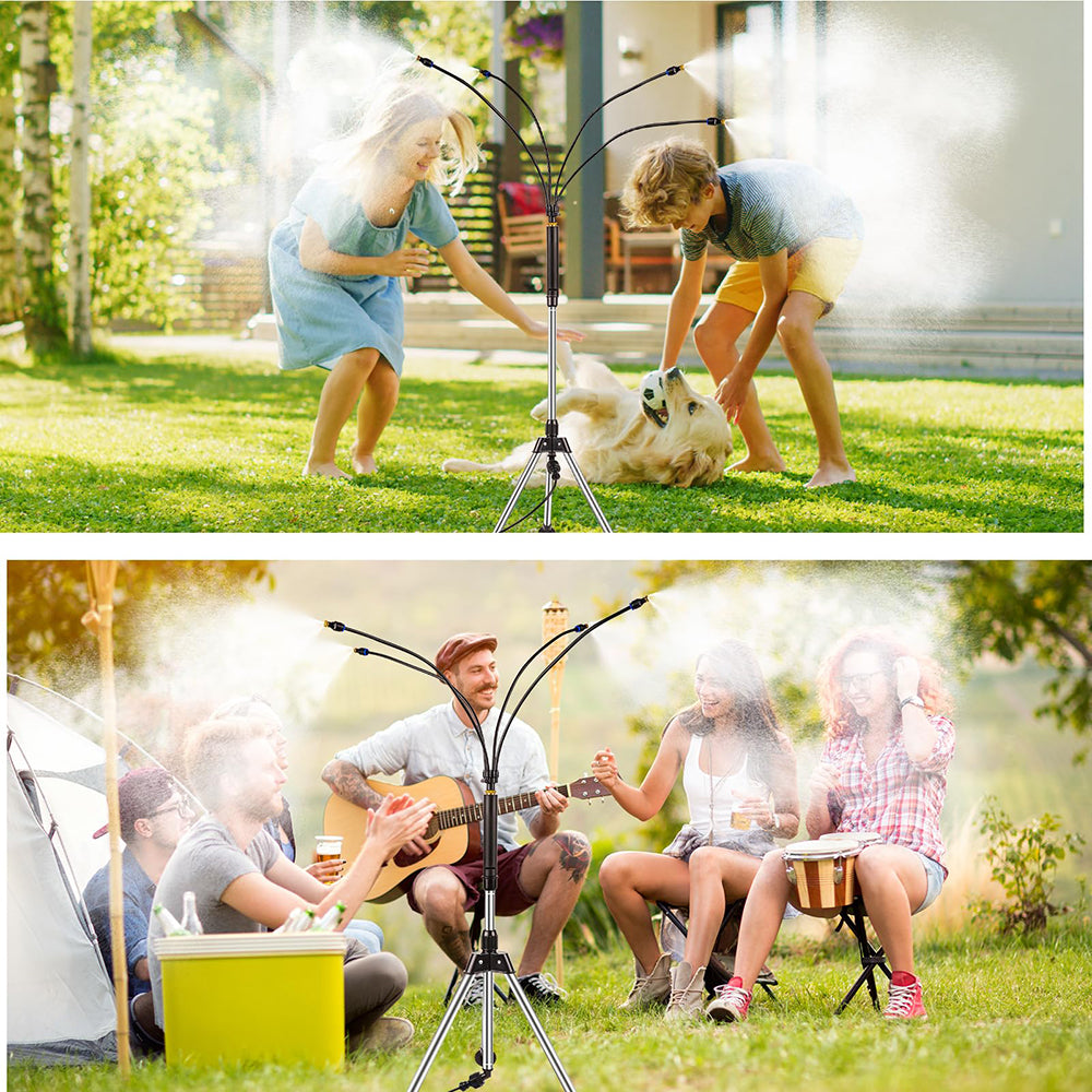 Two scenes of people playing music outdoors with a microphone stand and speakers.