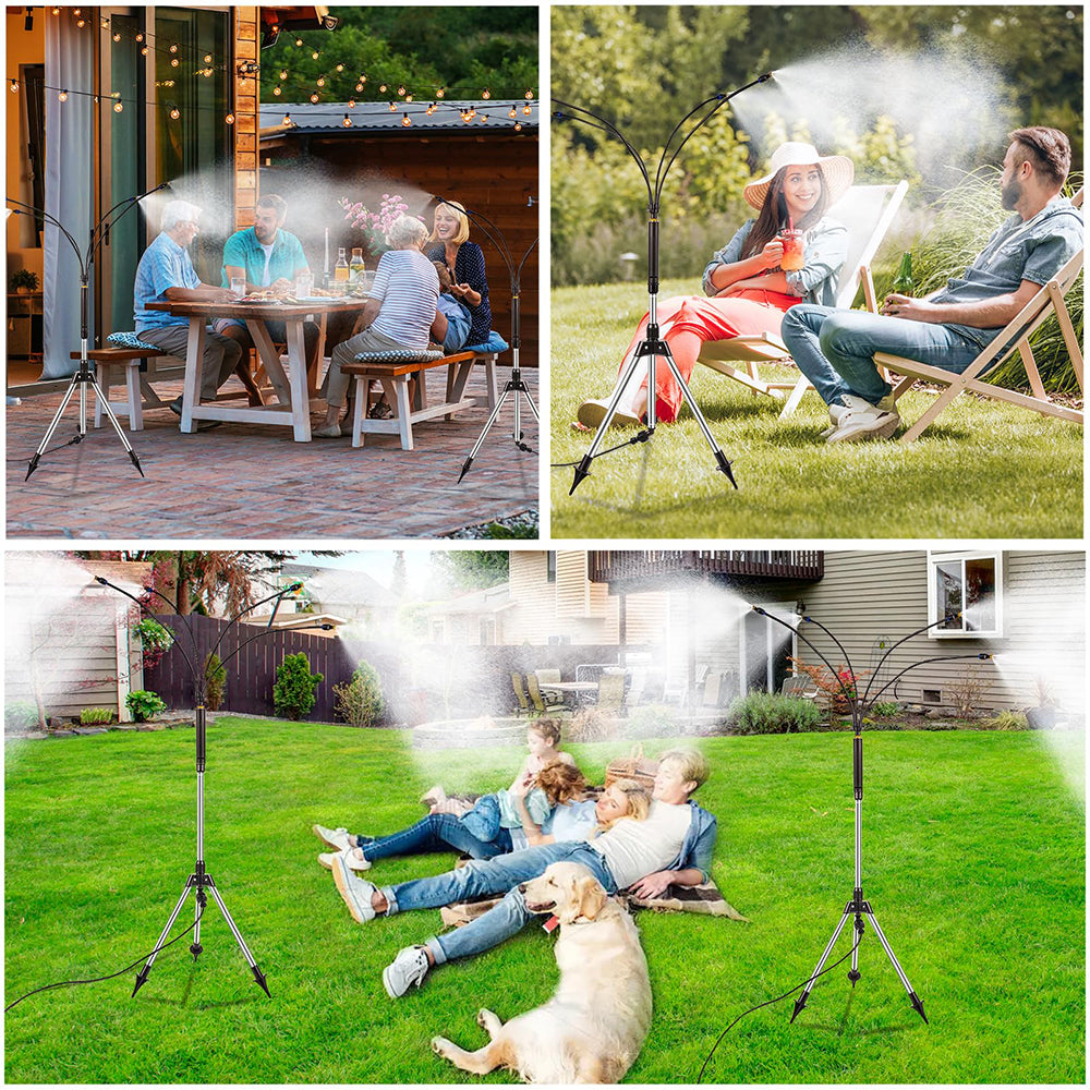 Collage of people using outdoor misters in various settings
