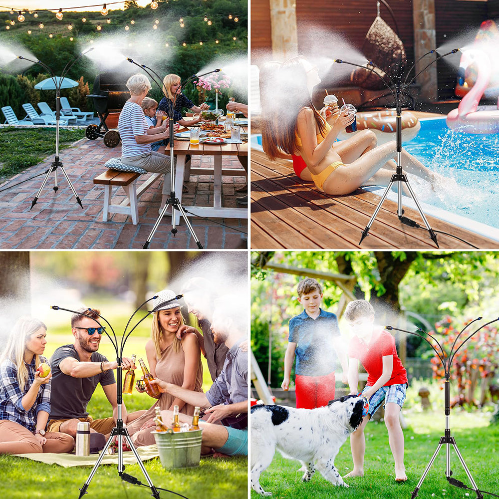 Collage of a portable misting system being used outdoors by people and pets.