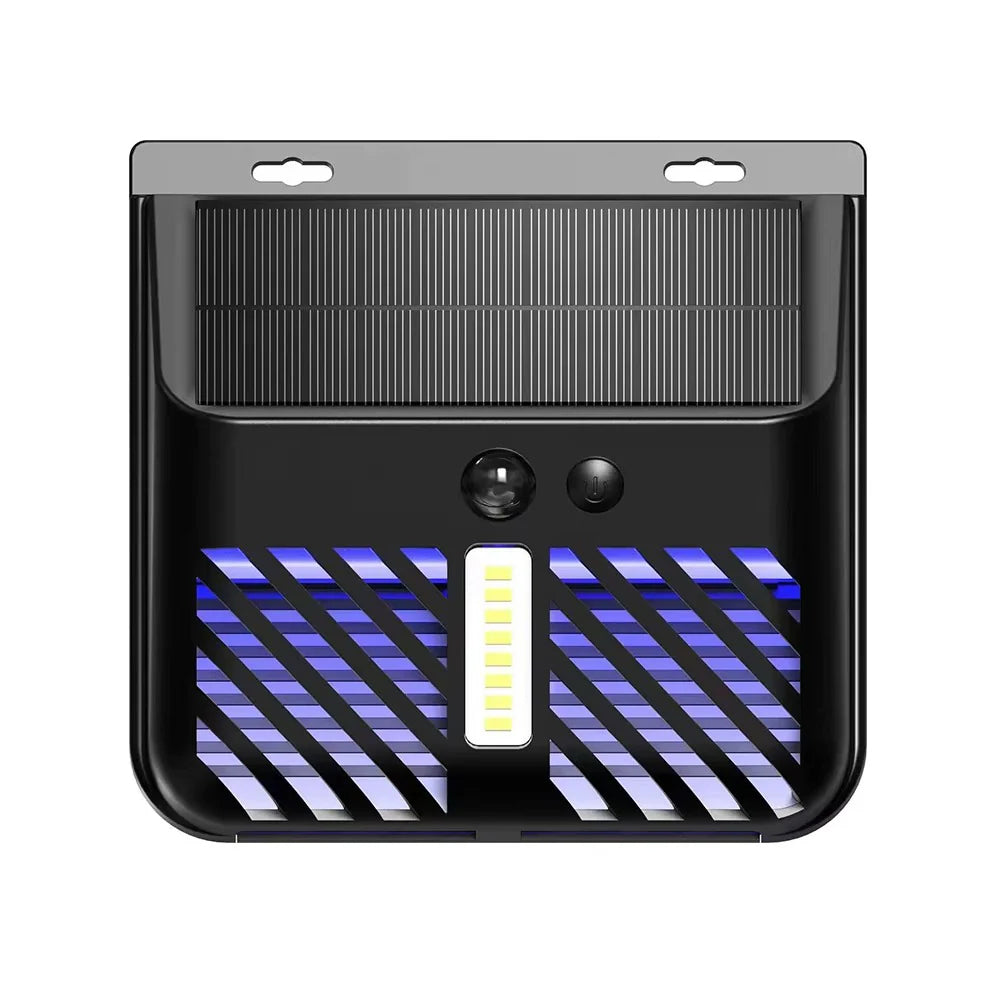 Solar-powered outdoor light with LED indicators on a white background