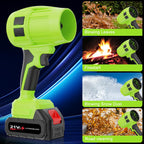Green cordless leaf blower with multiple uses on a blue background