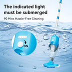 Blue pool cleaning device with water droplets and text about hassle-free cleaning.