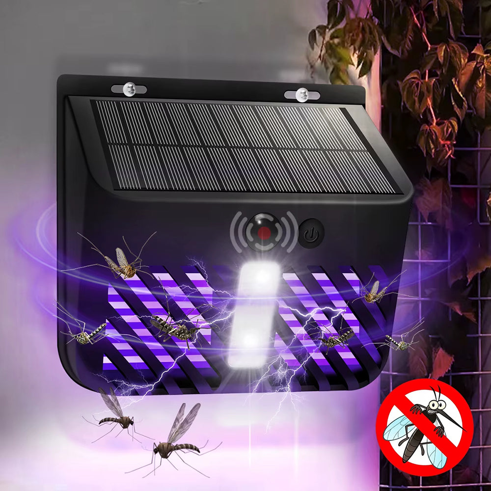 Solar-powered insect killer with purple light effect and mosquito illustration on a dark background