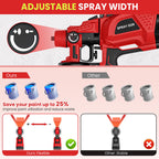 Red spray gun with adjustable spray width feature on a white background