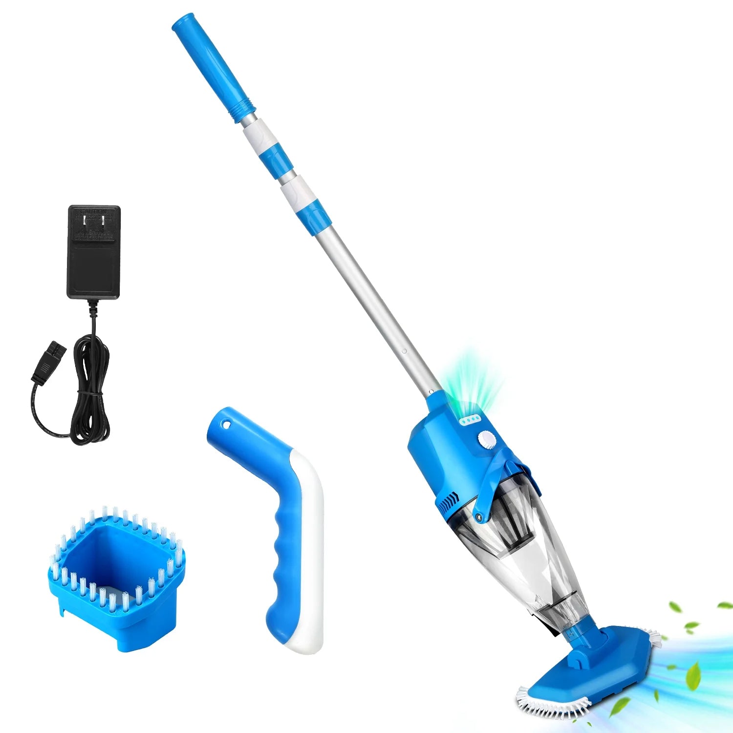 Blue and silver cleaning tool with attachments on a white background
