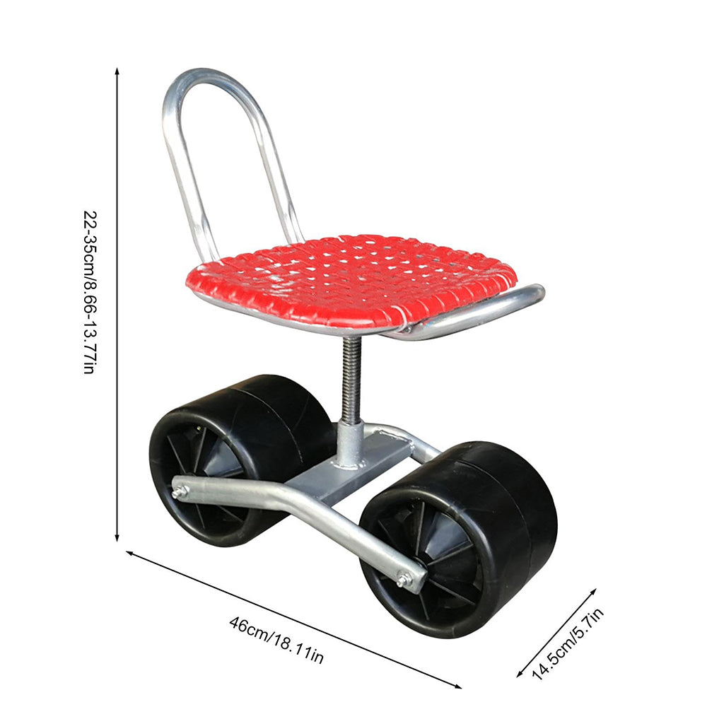 Red seat with wheels and dimensions on a white background