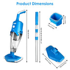 Blue cleaning tool with attachments and dimensions on a white background