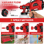 Red spray gun with variable flow control and spray methods demonstration on a red background