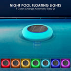 Solar pool light floating on water with color change options displayed below.