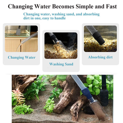 Product demonstration for aquarium maintenance with text and images of water changing, sand washing, and dirt absorbing.