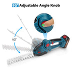 Blue cordless hedge trimmer with adjustable angle knob feature on a white background