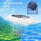 Solar pool cleaner floating on water with text 'Balance Your Pool' and 'High-efficiency solar panels'.