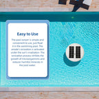 Pool ionizer floating in a swimming pool with text about its ease of use.