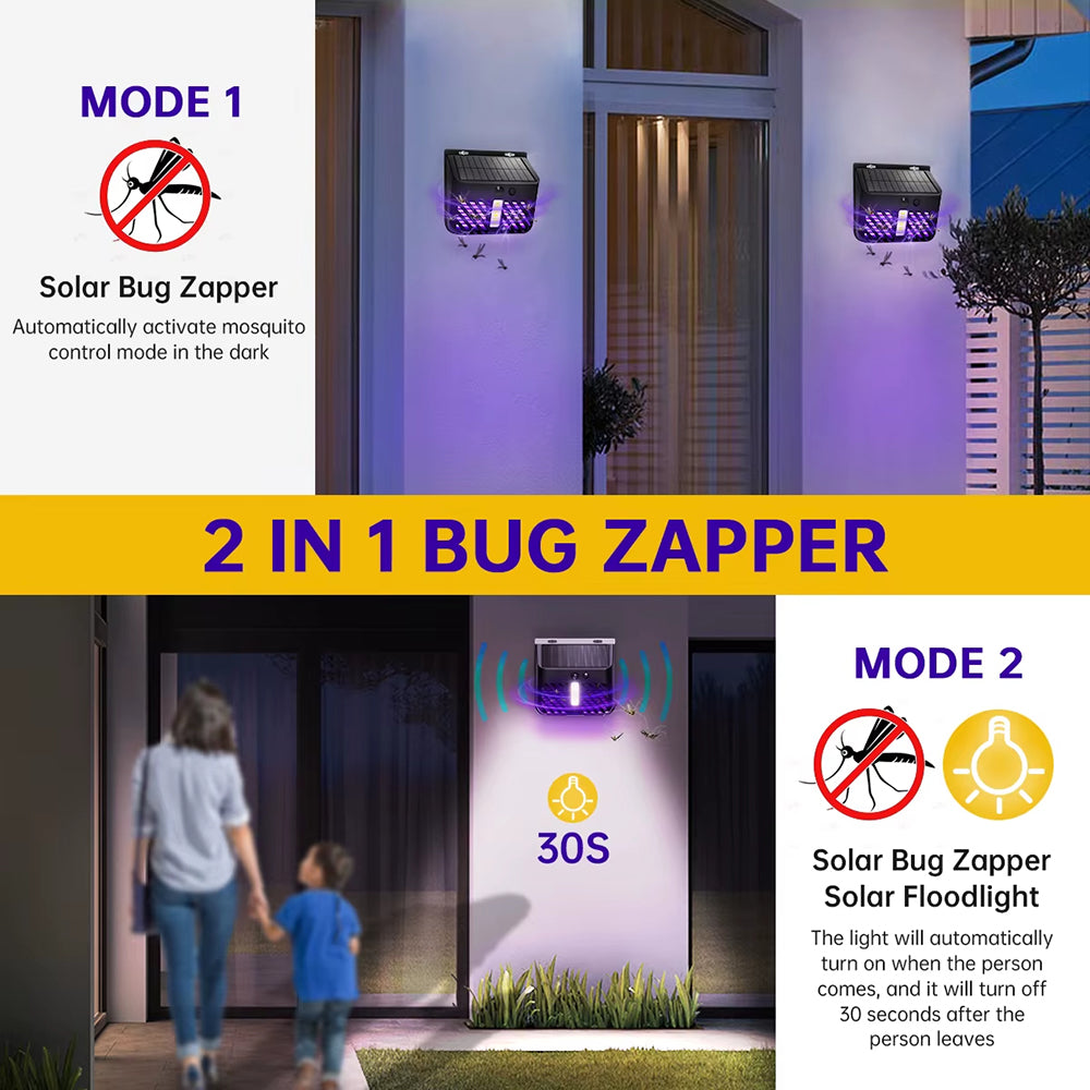 Solar bug zapper with floodlight mode, showing its use in a home setting.