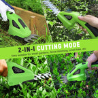 Green gardening tool with '2-in-1 Cutting Mode' text, used for trimming small trees and bushes.